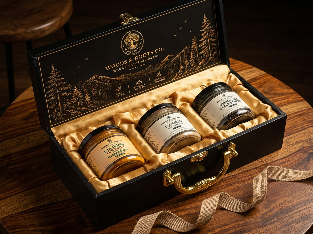 Woods & Roots build-your-own wooden gift box with Lakadong turmeric, Ing Makhir ginger, and Meghalaya black pepper jars
