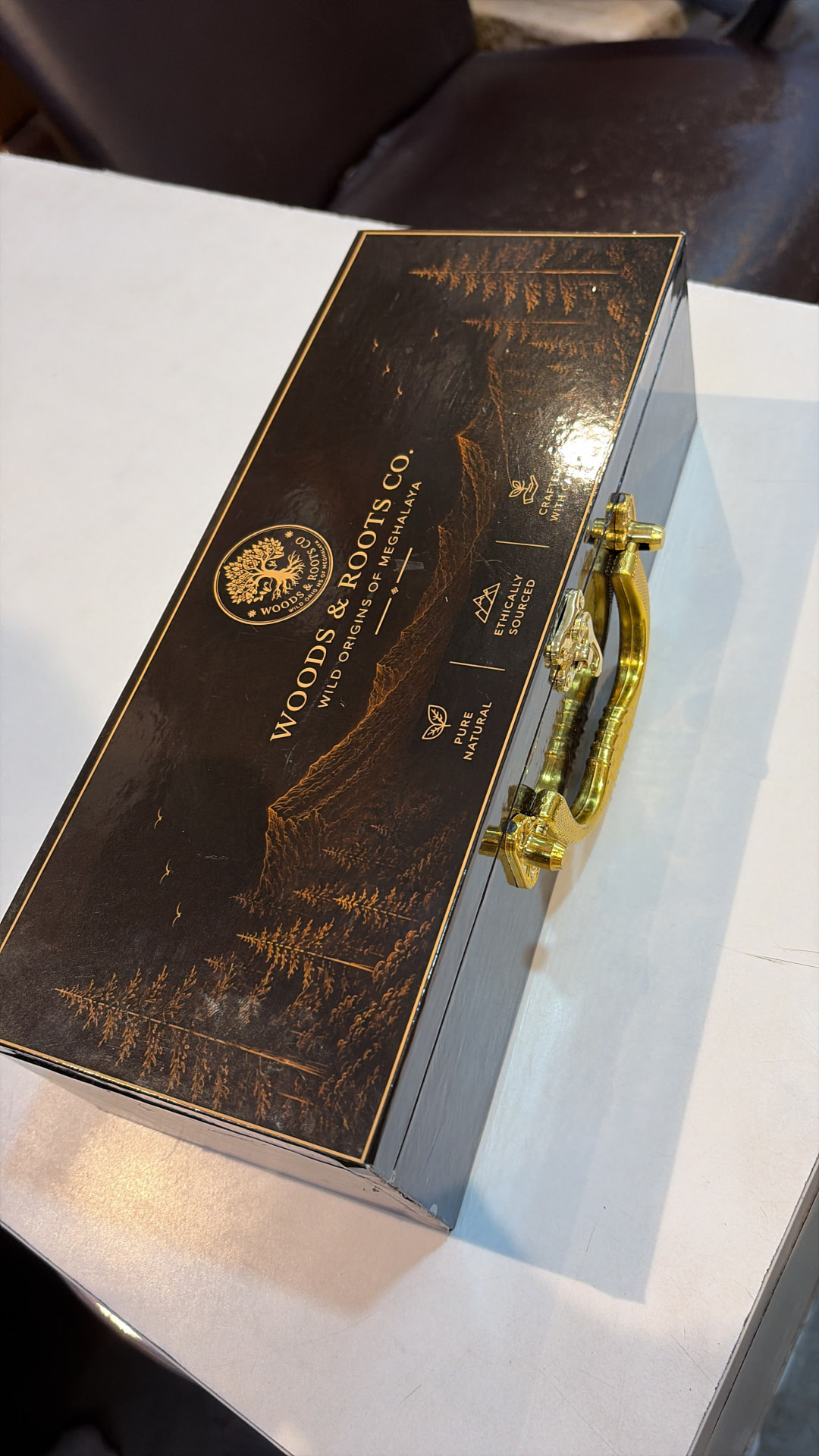 Woods & Roots black wooden gift box with gold engraving and brass handle