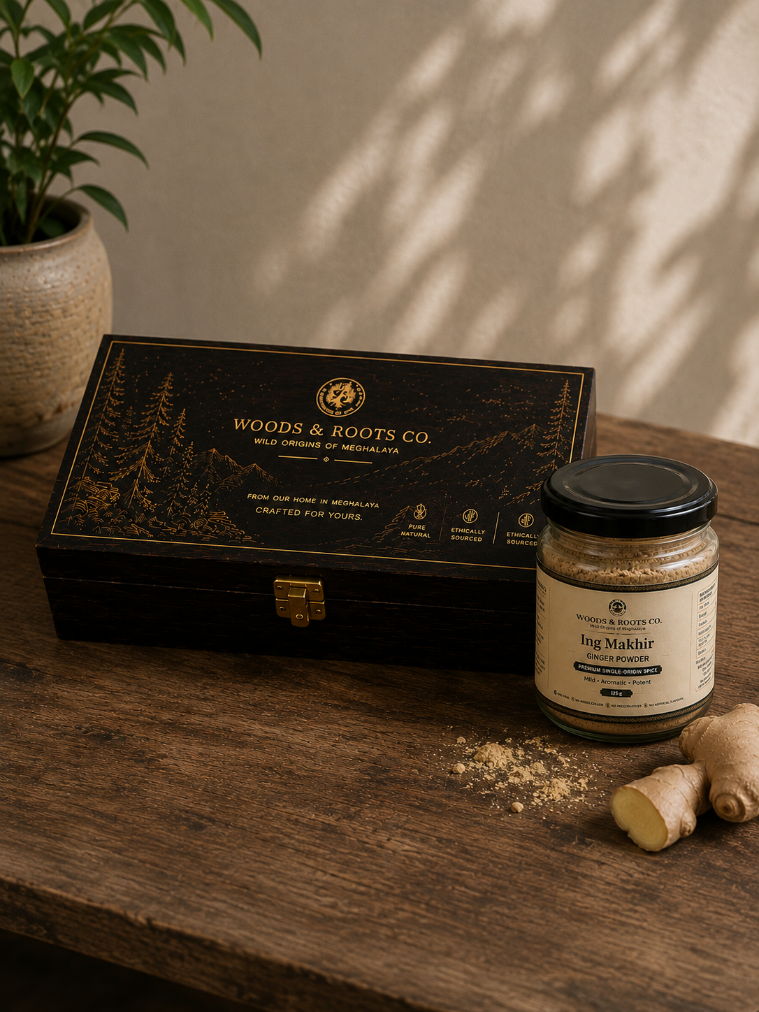 Woods & Roots black wooden gift box holding three 125 g amber spice jars from Meghalaya