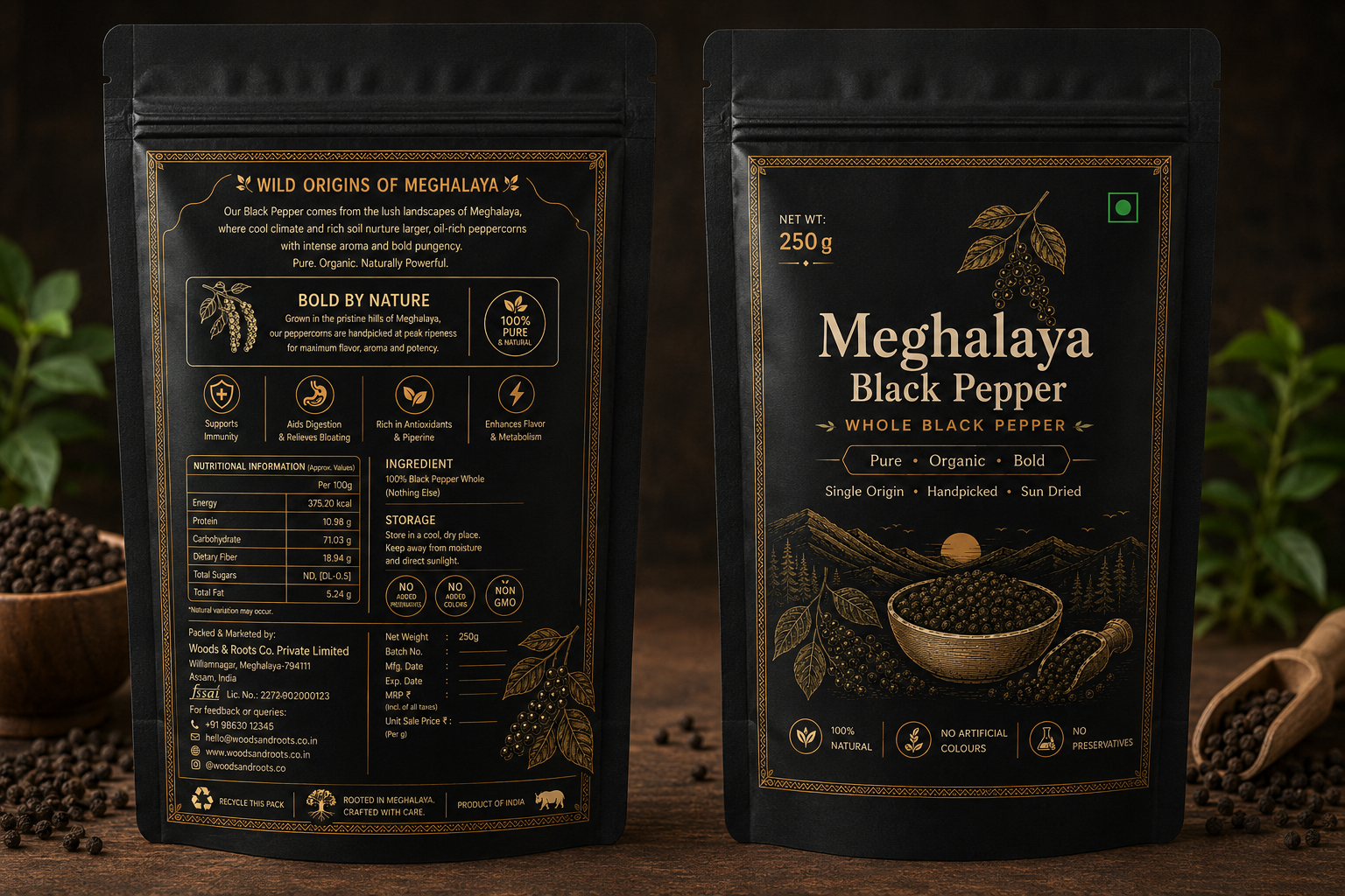 Handpicked whole black pepper corns from the hills of Meghalaya